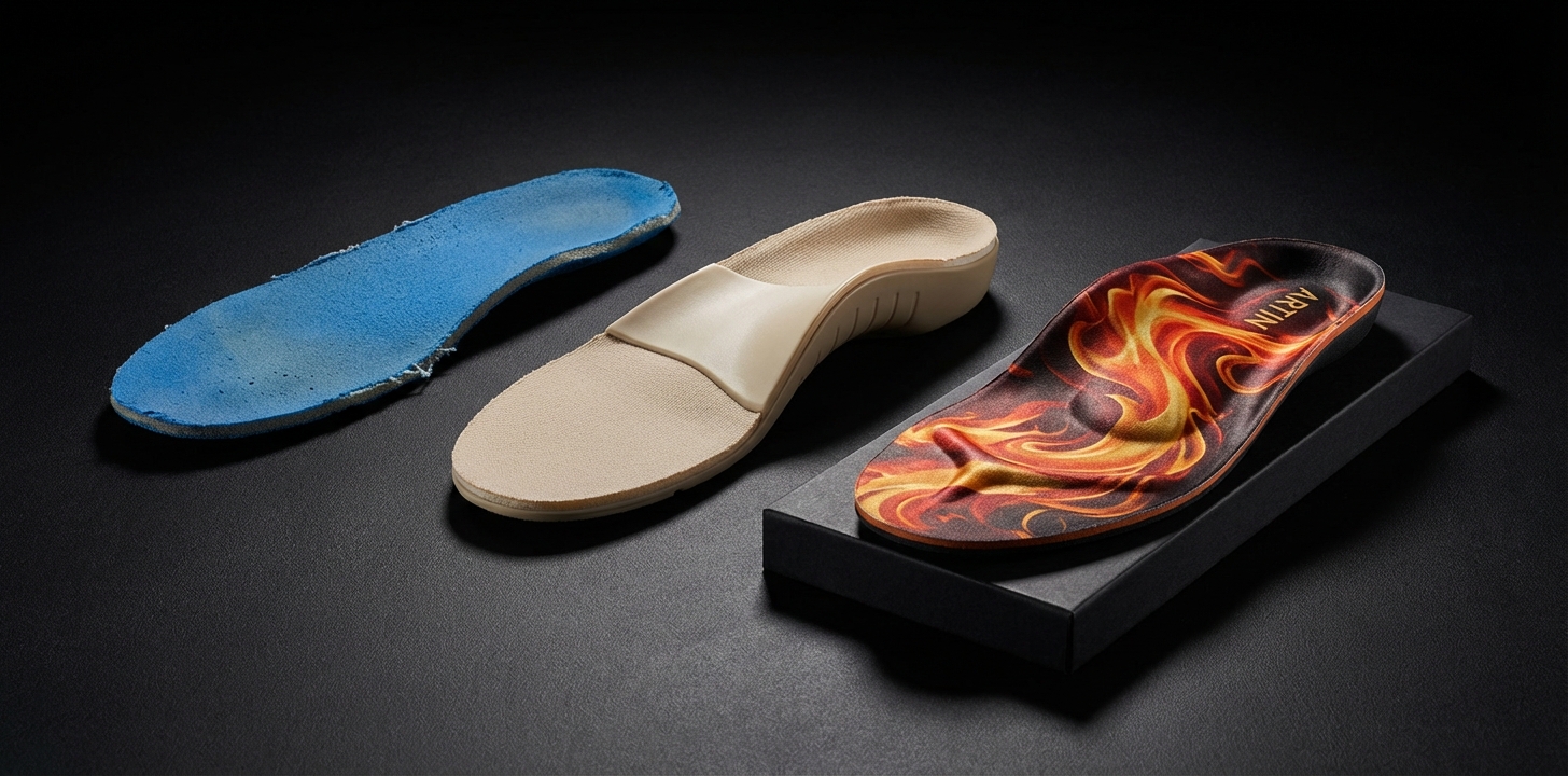 Three insoles compared: flat generic drugstore insole, bulky beige medical orthotic, and colorful contoured ARTIN custom insole