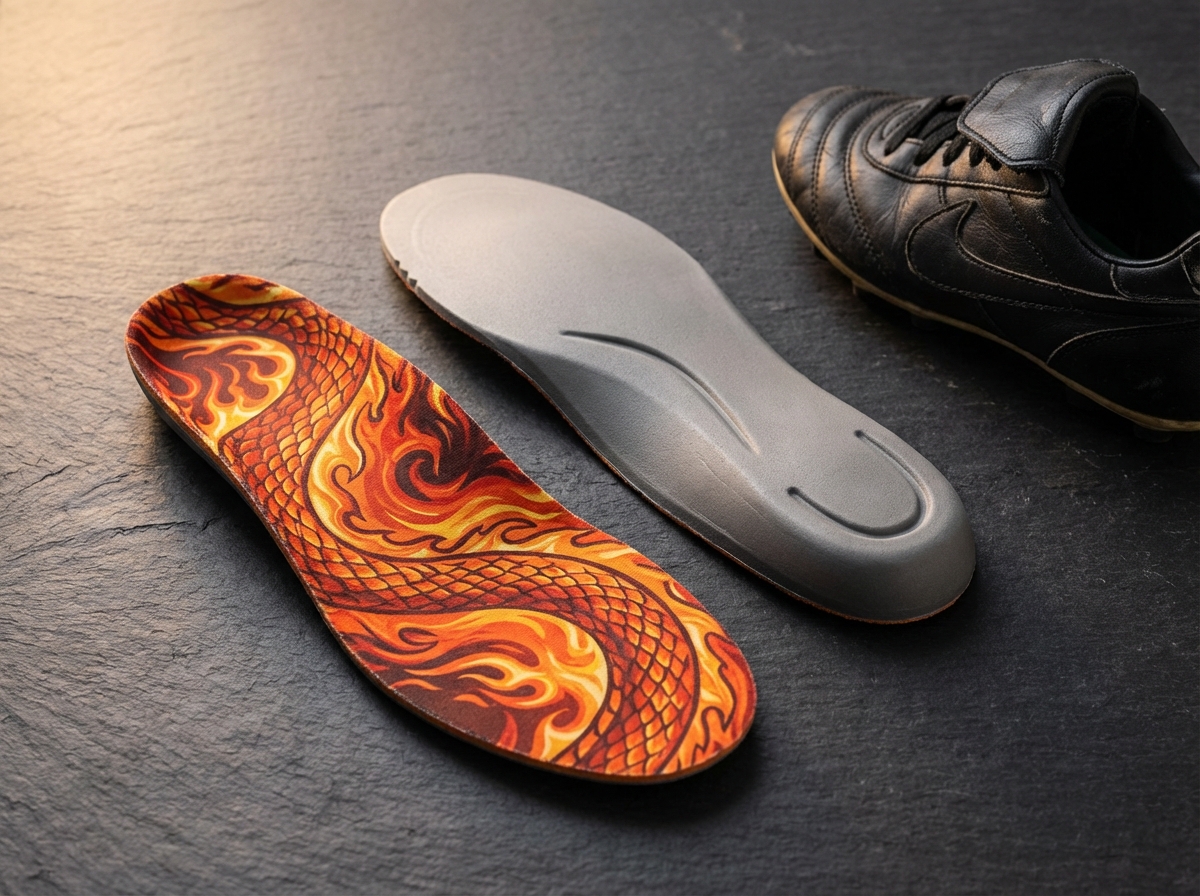 Pair of ARTIN insoles on dark surface, one showing colorful design, one flipped to show orthopedic support structure, with child's football boot nearby