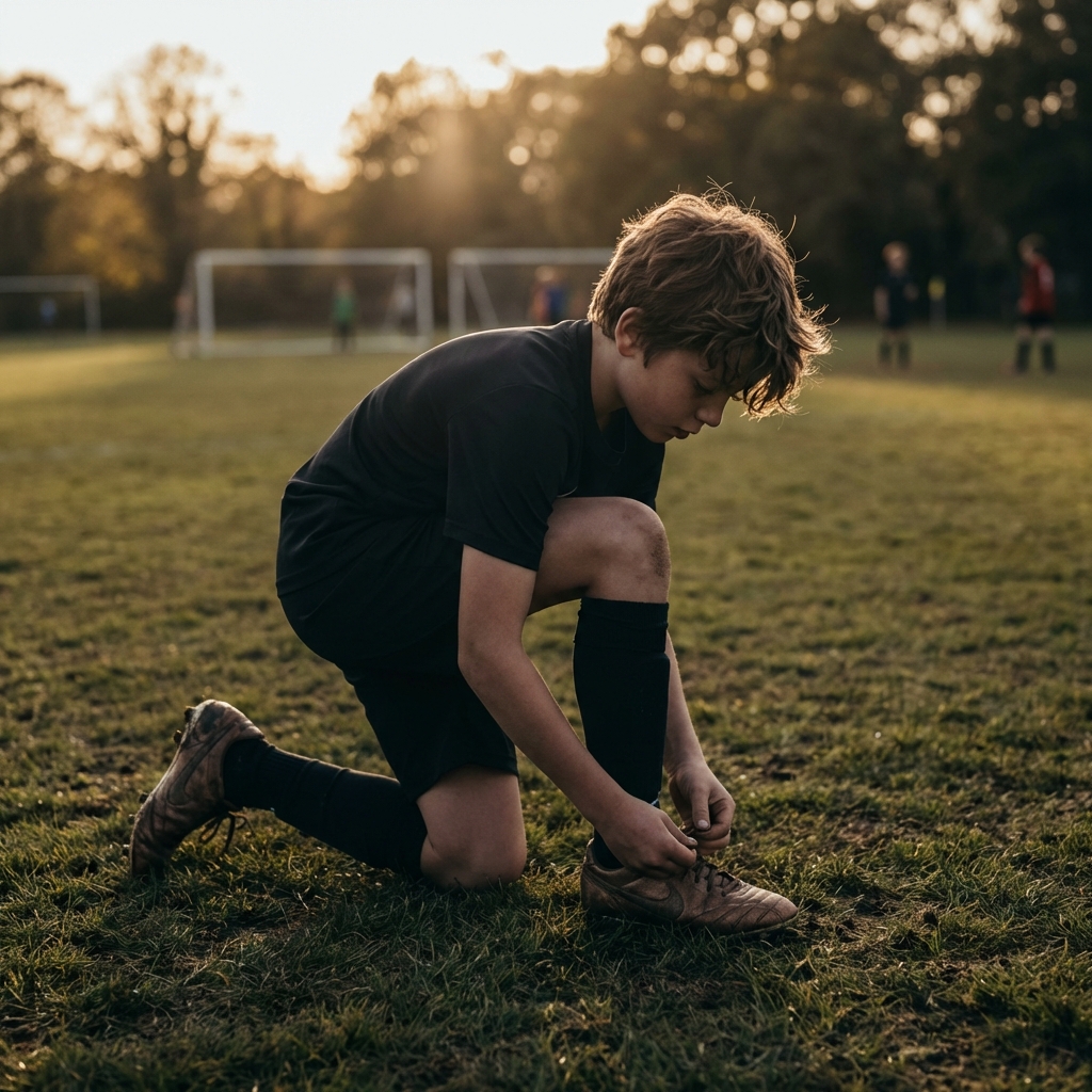 Young footballer aged 10-12 lacing up boots on grass pitch