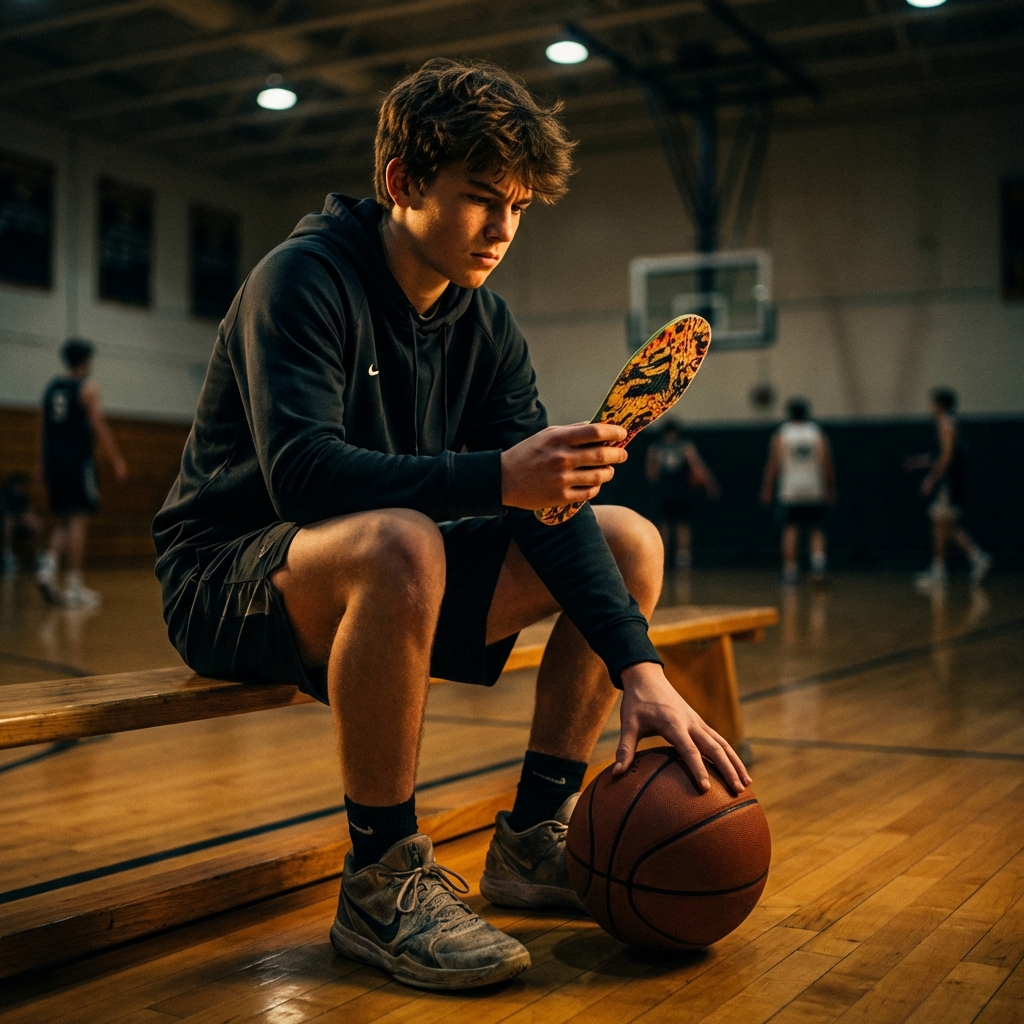 Teenage basketball player aged 13-15 holding custom insole on indoor court