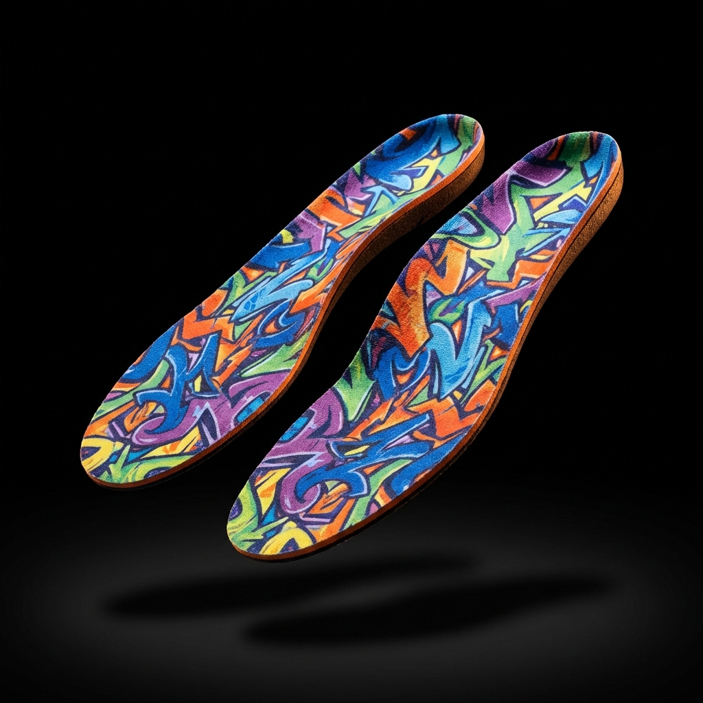 Pair of ARTIN custom insoles with vibrant graffiti art design, angled view showing colorful top surface and contoured arch support