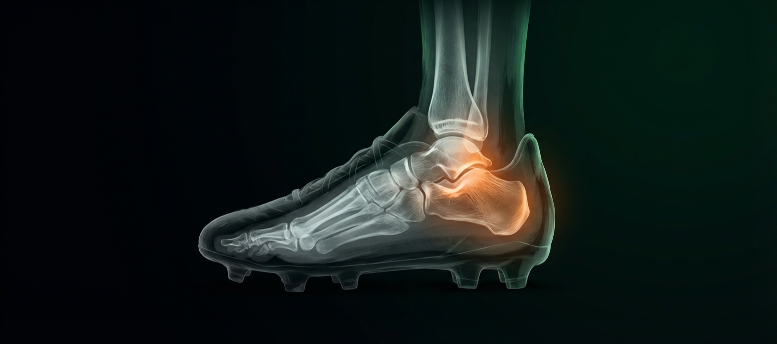 Stylized visualization of a young athlete's heel showing the growth plate area affected by Sever's disease
